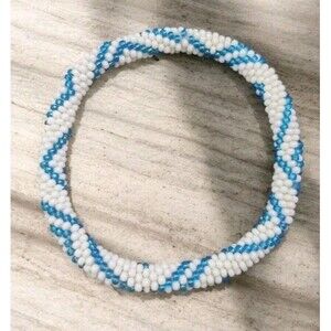 Handmade Nepal Roll-On Beaded Bracelet Seed Bead Crochet Bangle White Aqua Beads
